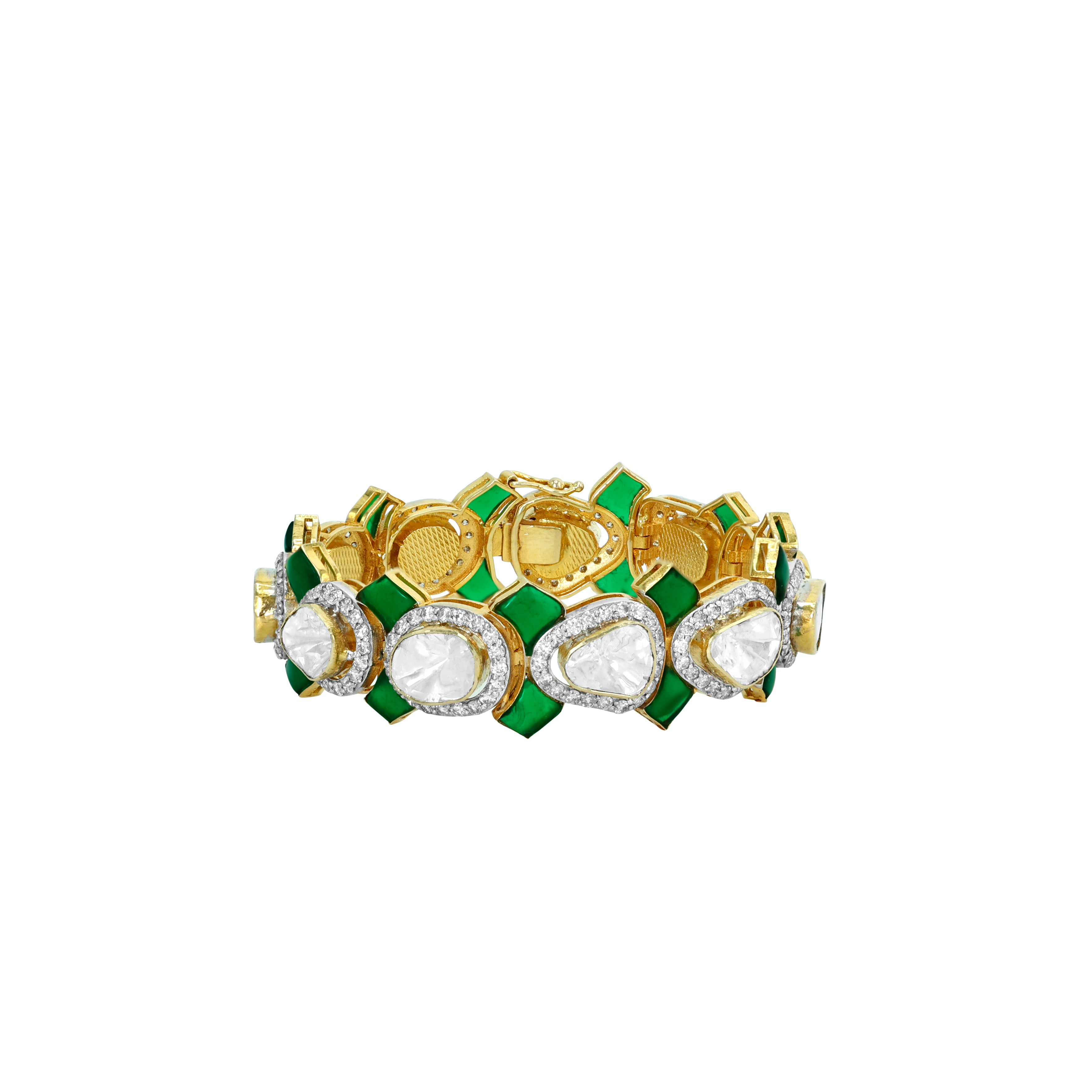 Polki and Green Stone Bracelet with Full-Cut Diamond Frames